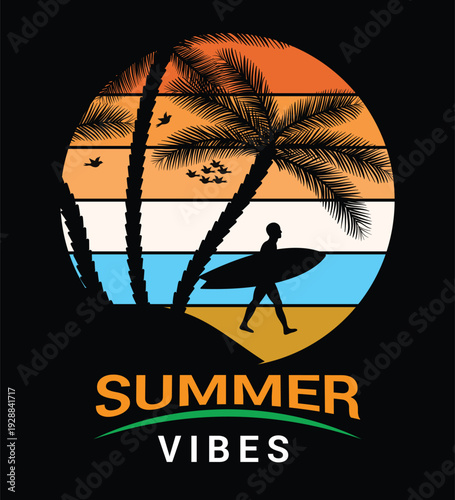 Summer Vibes Surfing T-Shirt Design Palm Tree VectorIllustration