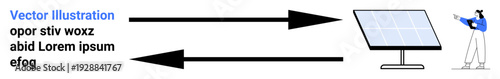 Arrows showing energy flow connected to a solar panel and a technician inspecting it. Ideal for sustainability, green energy, renewable resources, solar power, technology, innovation, simple landing