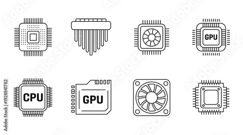 Set of line art icons for computer processing units, including CPU and GPU chips, cooling fans, and a keyboard-like component, suitable for tech-related graphics.
