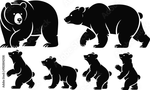 Black Bear Vector Silhouette Set Featuring Adult Grizzly and Cute Cubs in Walking and Standing Poses Isolated on White Background for Wildlife Design