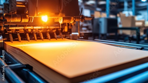 Wallpaper Mural Industrial printing press machine smoothly feeding paper sheets with sharp edges highlighted under studio lighting. Torontodigital.ca