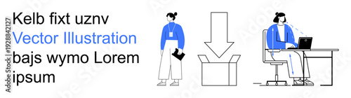 Business workflow, customer service, online communication, remote work, workplace efficiency, instruction manuals. Woman holding clipboard, and call center operator next to icons. Business workflow