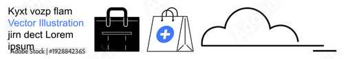 Online health services, e-commerce, cloud storage, medical access, business solutions, technology. Black briefcase, medical shopping bag with cross cloud outline. Medical access and online health