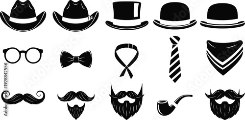 Vintage Gentleman Accessories Vector Icon Set Featuring Stylish Hats Mustaches Beards Bow Ties and Glasses Isolated on White Background for Retro Graphic Design Projects