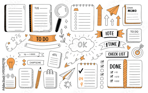 Bullet journal hand drawn doodle vector set, planner stickers, labels, frames, and scribble elements for diary decoration, notebook organization, scrapbooking, and creative journaling design