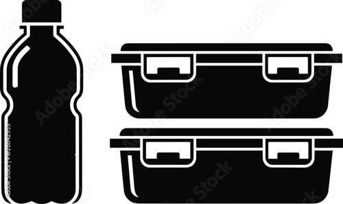 Food storage container and water bottle silhouette vector illustration set, minimal monochrome icons for meal prep, takeaway packaging, and kitchen organization