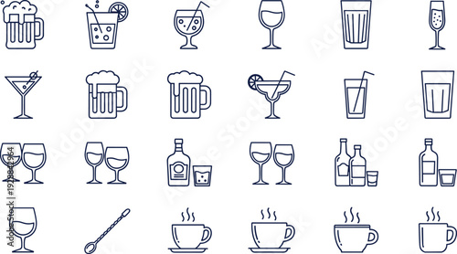 Comprehensive Beverage Icon Set Featuring Vector Line Art for Cocktails Beer Wine Coffee and Spirits Isolated on White Background for Bar and Cafe Menus