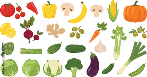 Fresh Vegetable and Fruit Vector Set with Tomato, Pepper, Corn, Pumpkin, Cabbage, Broccoli, Eggplant and Organic Farm Produce Collection