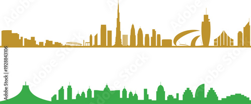 Colorful Dubai skyline silhouette set, modern landmarks and skyscrapers isolated on white background vector illustration city panorama collection