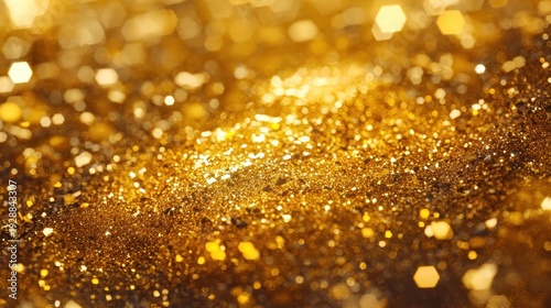 Intricate close-up texture of sparkling golden glitter with shimmering highlights and soft bokeh