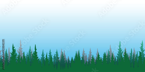 Lush Green Forest Landscape with Tall Pine Trees and Clear Blue Sky.
