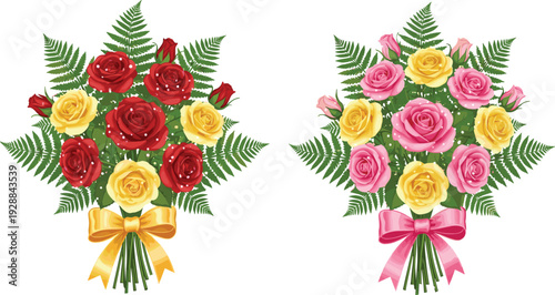 Floral bouquet with roses, ferns, baby’s breath, ribbons, decorative flat vector