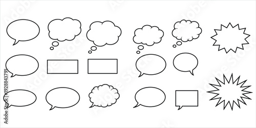 Assortment of outline speech and thought bubbles and starburst shapes on white background speech bubble
