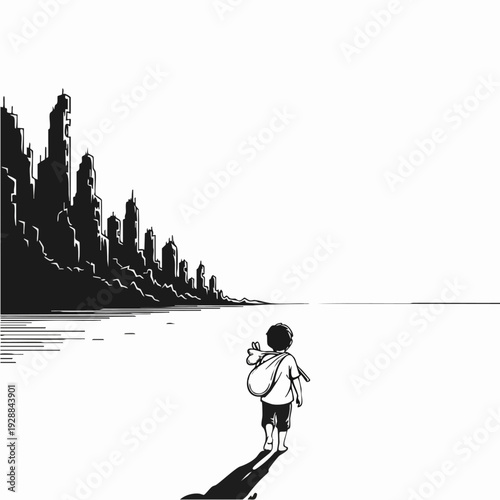 Traveler with backpack walking along quiet shoreline.