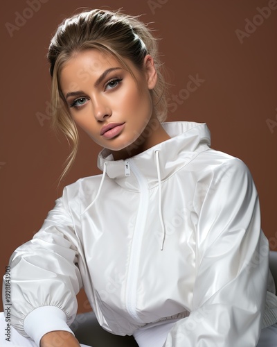 Wallpaper Mural Young Woman in White Hoodie Against Brown Background Torontodigital.ca