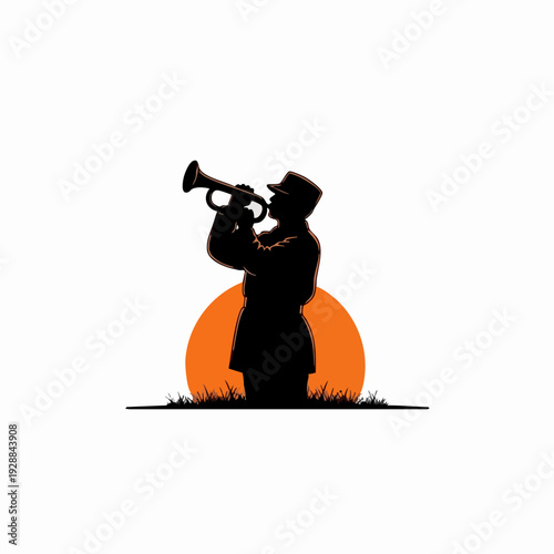 Trumpet Player Silhouette Against Orange Sun.