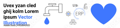 Sustainability, water conservation, technology integration, business systems, emotional connection, eco-consciousness. Faucet with a drop, ERP elements and a heart icon. Water conservation