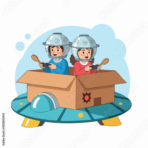 two children piloting a cardboard box spaceship.