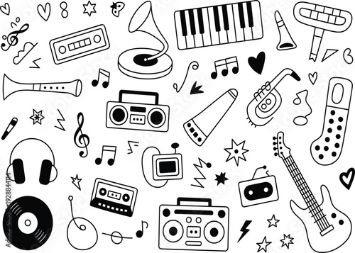 Vintage hand drawn music collection featuring vinyl record cassette tape and radio for creative graphic design