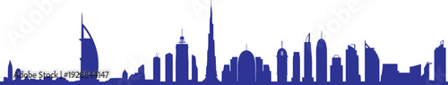 Blue Dubai skyline silhouette, famous landmarks and modern skyscrapers isolated on white background vector illustration city panorama design