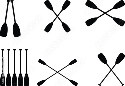 Collection of canoe and kayak paddles silhouettes isolated on white background, rowing equipment vector illustration set
