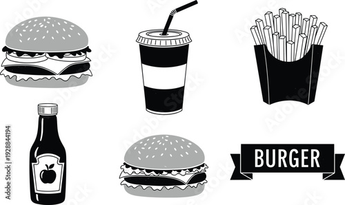 Fast food silhouette vector illustration set with burgers, french fries, soft drink cup, and sauce bottle, classic monochrome junk food icons