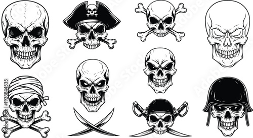Skull and Crossbones Pirate Emblem Collection with Bandana, Helmet and Swords, Vintage Black and White Vector Illustration Set
