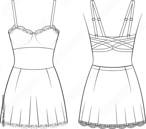 Women lace trim nightdress front and back view technical fashion flat sketch vector illustration isolated on white background