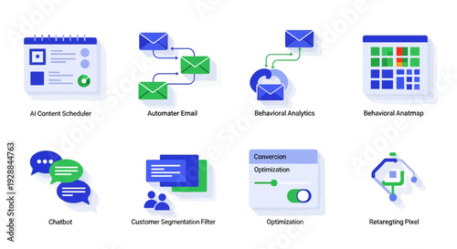 A collection of digital marketing and business automation tools represented by various icons and their labels.