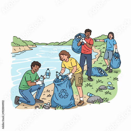 Volunteers Clean Up Beach By Riverbank.