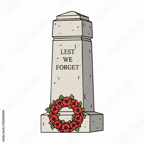 War Memorial Obelisk with Wreath and Inscription Lest We Forget.