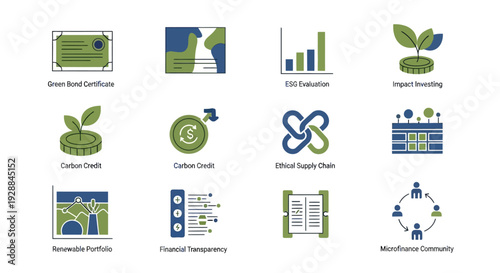 A collection of flat design icons representing sustainable finance, green economy, and ethical business concepts like green bonds, carbon credits, and impact investing.