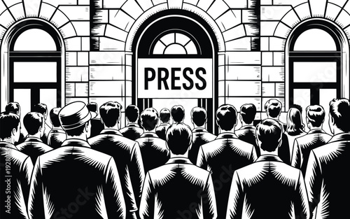 Press crowd gathered outside a building with a sign