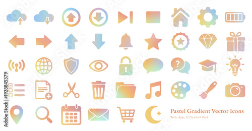 パステルグラデーションのベクターアイコンセット。UI、WEBデザイン、アプリ開発に適した汎用性の高いシンプルで可愛いシンボル集。設定、検索、メディア、ビジネスツールなどの多目的アイコン。