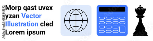 Global strategy, finance, education, decision-making, analysis, teamwork. Globe, calculator and chess piece icons. Global strategy and finance concepts for planning and analysis