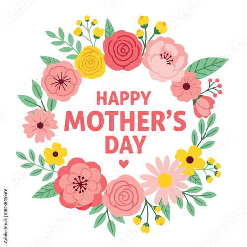 A floral wreath with text, celebrating the holiday for mothers