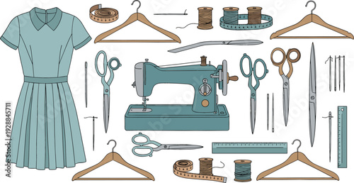 Sewing Machine with Dress Pattern Scissors Threads and Tailoring Tools Fashion Design Workshop Vector Illustration Set Isolated on White Background