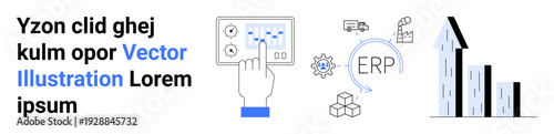 Business planning, data analytics, ERP systems, workflow management, automation, efficiency improvement. Graphic of a hand interacting with a dashboard, ERP and upward chart. Business planning