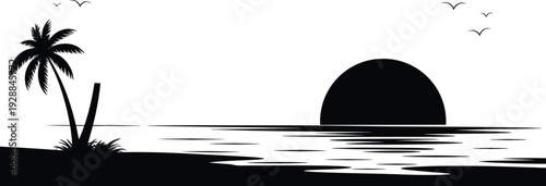 Tropical beach sunset silhouette with palm tree and ocean waves isolated on white background vector illustration coastal landscape