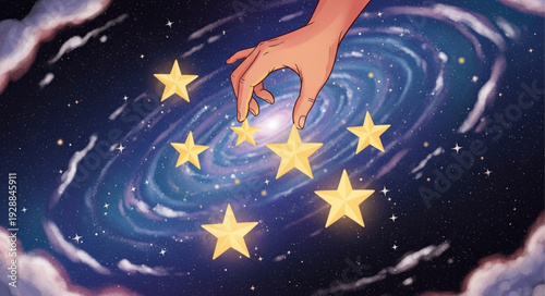 Hand Reaching for Stars in Space.