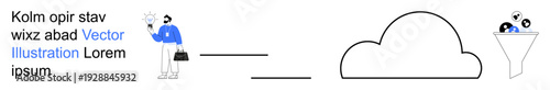 Data management, cloud storage, digital transformation, technology workflow, business solutions, process automation. Person and cloud with funnel illustration. Data management and cloud storage