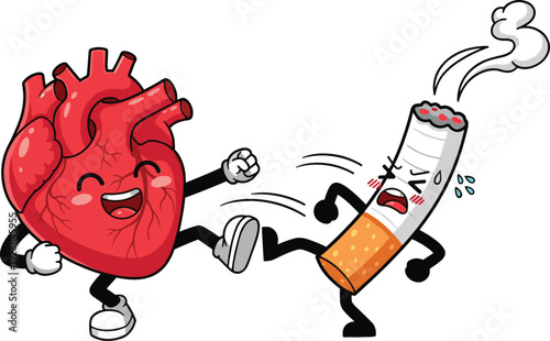 Cartoon Human Heart Character Kicking Cigarette Mascot Anti Smoking Health Concept Vector Illustration Isolated on White Background