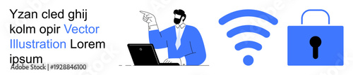 Cybersecurity, internet safety, data encryption, user identity, online privacy, secure browsing. Person using laptop, wireless signal and padlock icon. Cybersecurity and digital protection concept