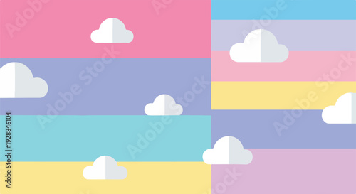 A geometric composition with clouds over a pastel color palette