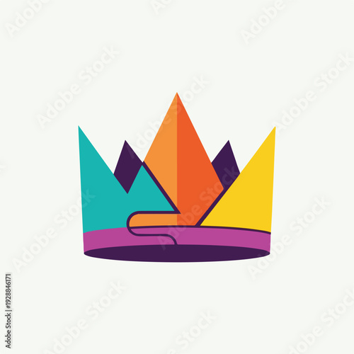A geometric crown in vivid colors against a pale neutral background