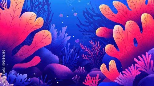 Vibrant underwater coral reef scene with diverse marine flora and fauna in deep blue ocean