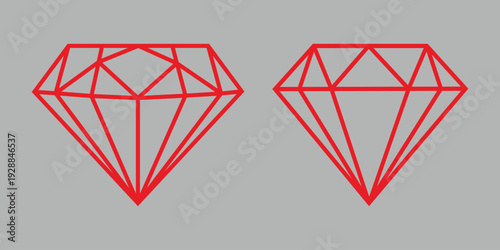 Modern geometric diamond outline set with clean red line art crystal shapes isolated on neutral background.