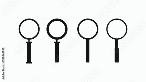 Magnifying glass icon set, black silhouette magnifying loupe vector isolated on white background for search and discovery