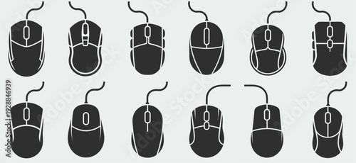 Diverse collection of 12 computer mouse icons in silhouette, showcasing various ergonomic designs and button layouts for gaming, professional, and everyday use.