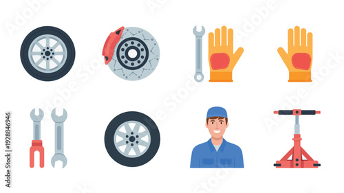 Set of 8 vector icons for auto repair and mechanics, featuring a car wheel, brake disc, wrenches, work gloves, a mechanic, and a car jack, ideal for service businesses.